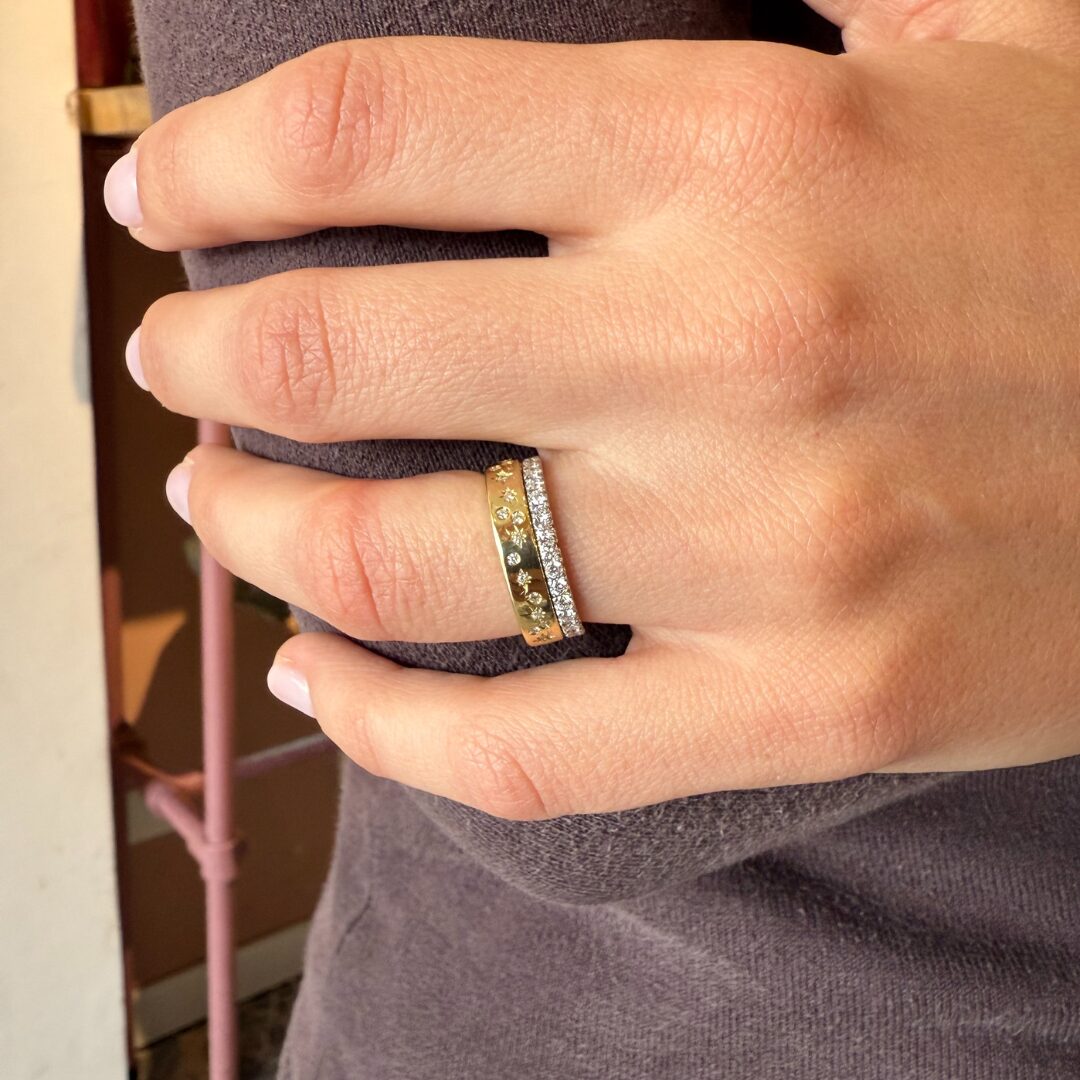 Fede Nuziale Celeste In Oro Massiccio 14k, Anello Con Diamanti A Forma - Foto 4