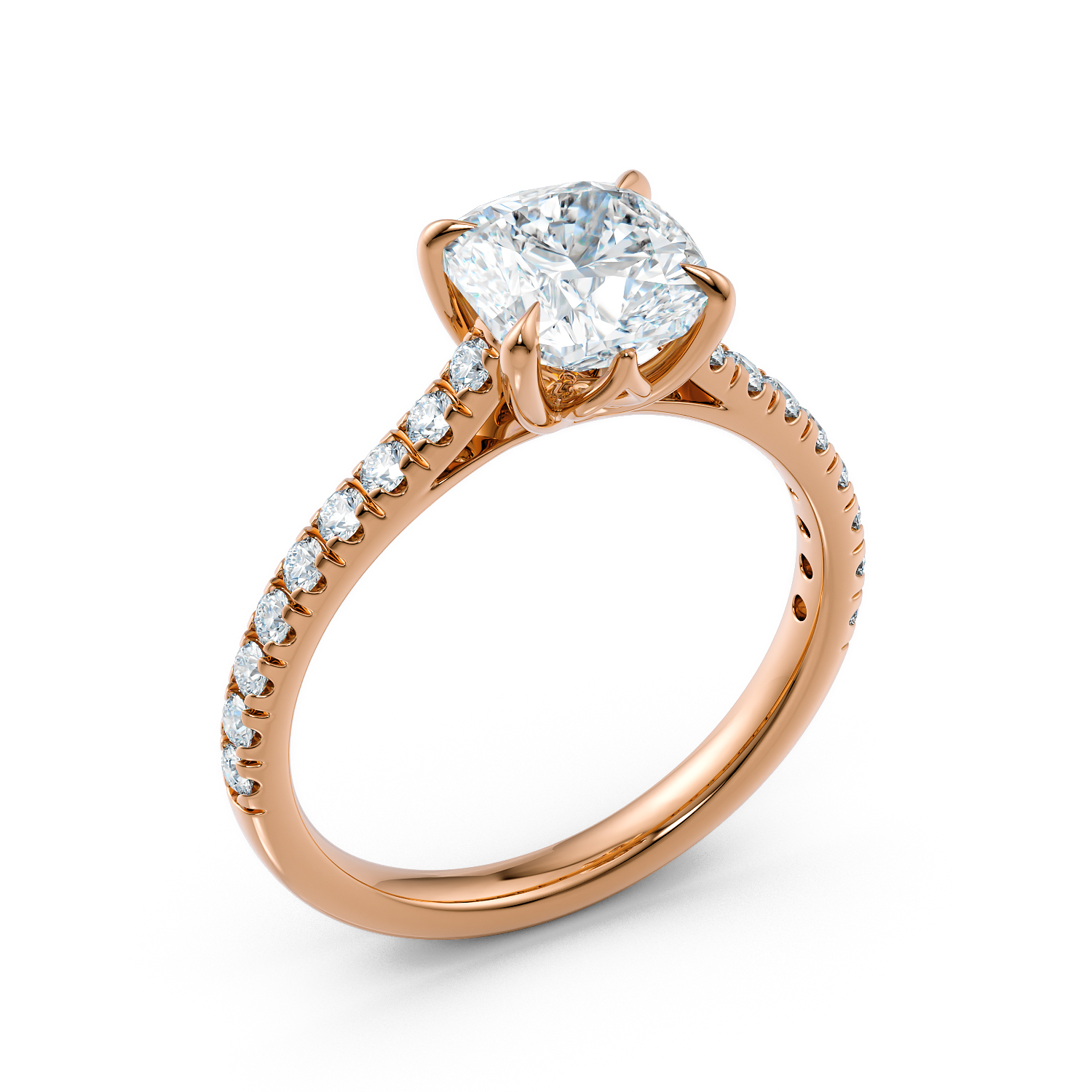 Anello di fidanzamento solitario Cleo cushion oro fairmined etico 18k 750 diamanti lab grown diamanti da laboratorio Fàbera Jewelry obliquo rosa