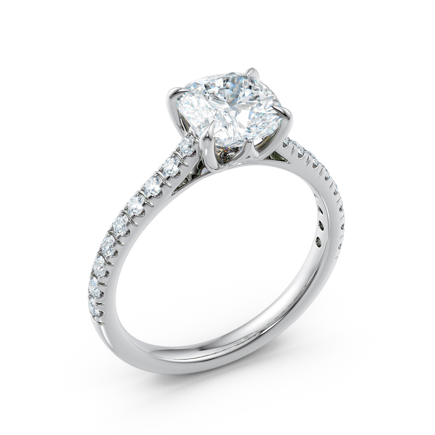 Anello di fidanzamento solitario Cleo cushion oro fairmined etico 18k 750 diamanti lab grown diamanti da laboratorio Fàbera Jewelry obliquo bianco
