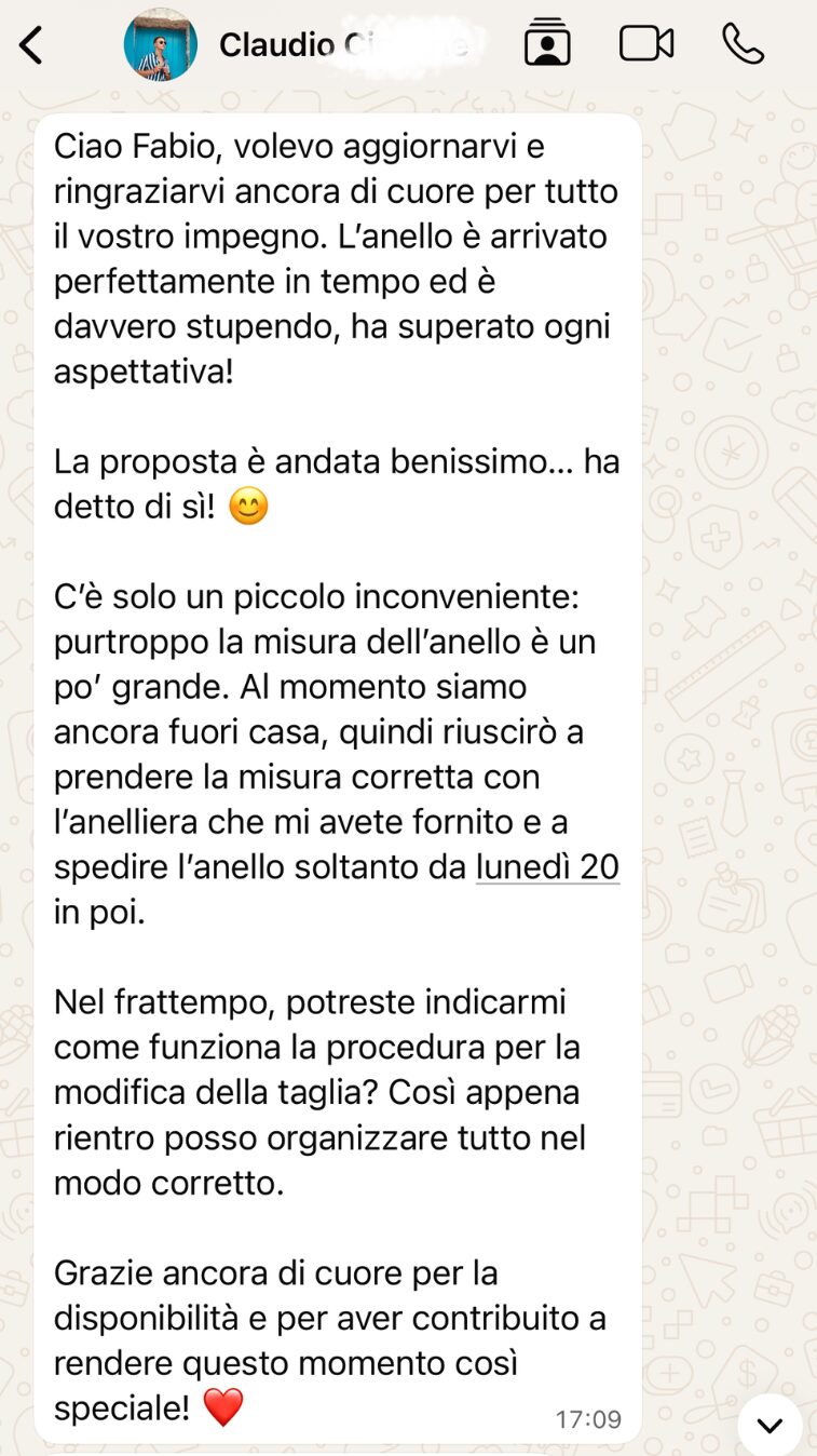 Claudio_proposta anello di fidanzamento Fàbera con diamante lab-grown certificato e oro Fairmined 18k