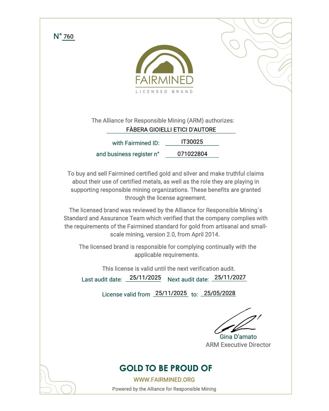 Fàbera Fairmined gold certificate